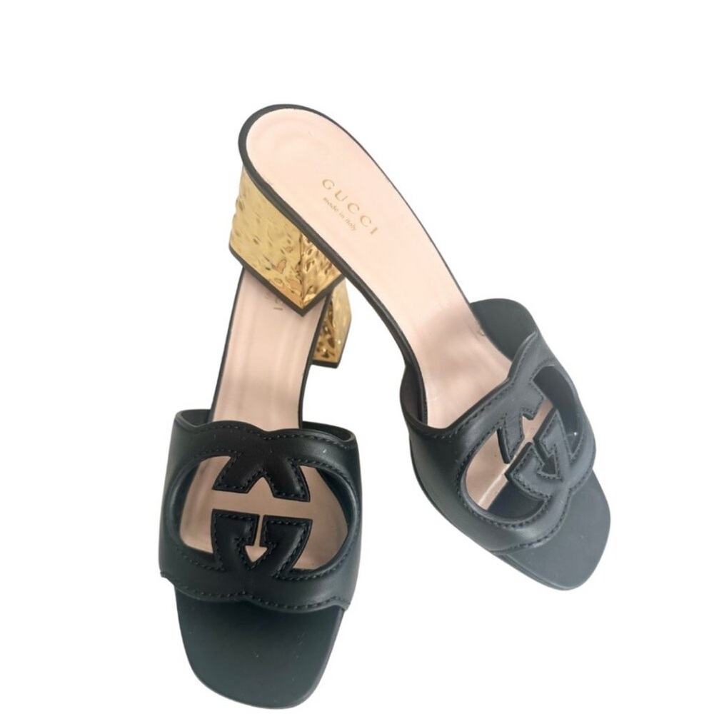 Gucci Black Slide Sandals with Gold Heel